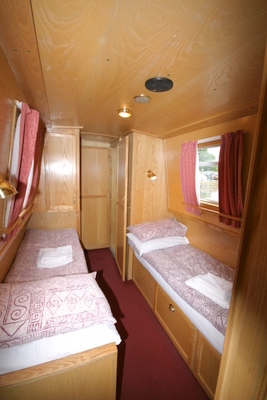 The twin bedded room on the 6 berth, 55ft Canal Boat.
